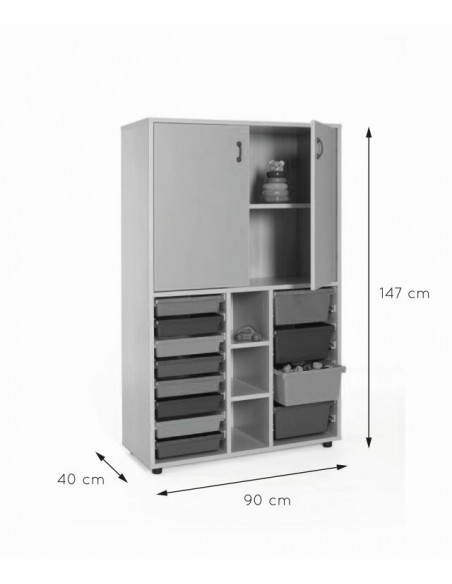 Armario medio gavetero 40x90x147 cm: 2 puertas + 2 huecos + 12 cubetas