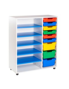 Estantería-gavetero: 1 columna + 6 huecos - Blanco / Azul