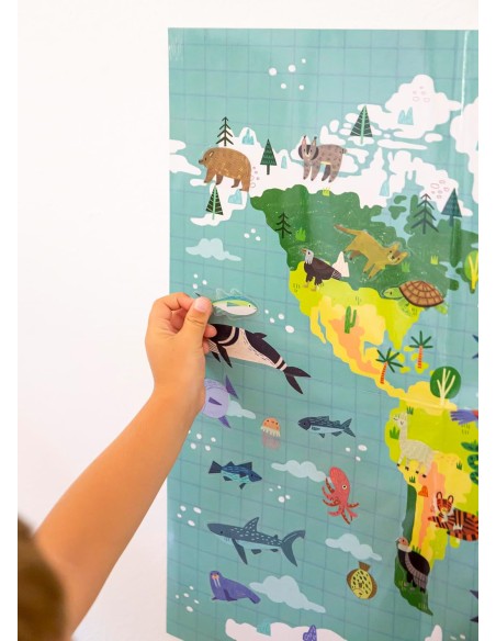 Poster mapamundi con pegatinas de animales - 50 x 70 cm.
