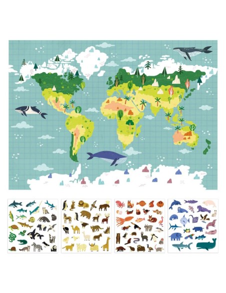 Poster mapamundi con pegatinas de animales - 50 x 70 cm.