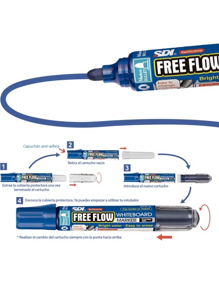 Recambio rotulador de pizarra Free Flow Azul - 12 unidades