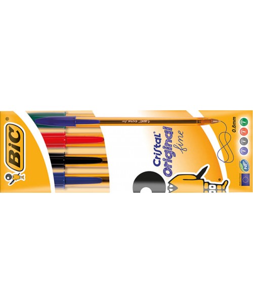 Blíster 4 bolígrafos Bic cristal fino surtido